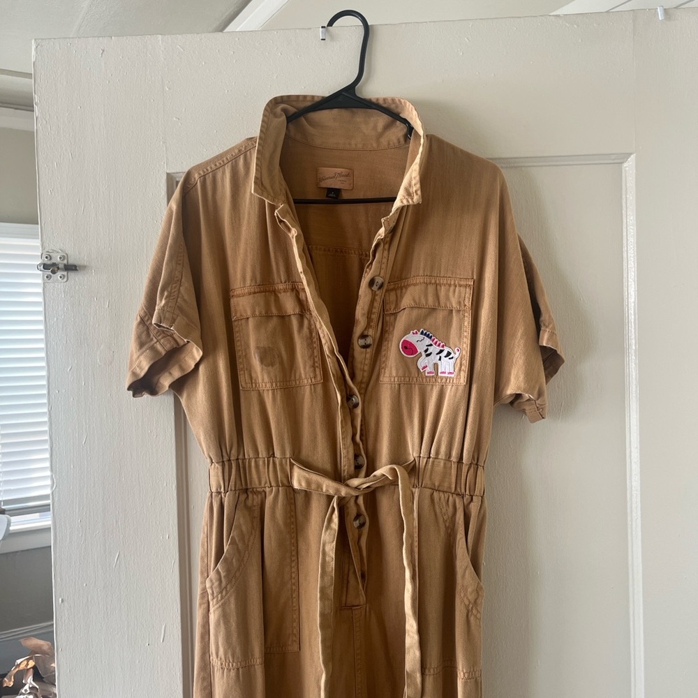 Universal Threads Brown Button-Up Jumpsuit with added Patch’s